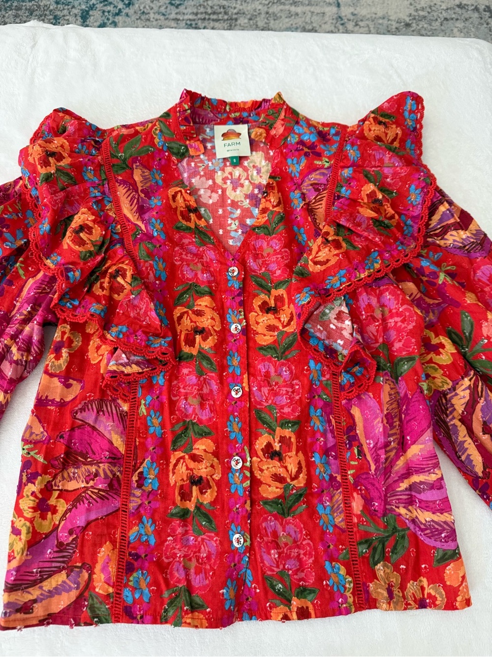 FARM Rio 'Red Spring Bananas' Blouse bold multicolor banana print Sz S D84
